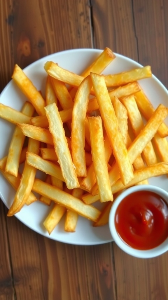 Crispy air fryer French fries on a white plate with ketchup on a wooden table.